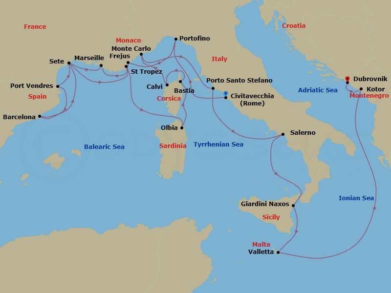 21 Night - French Yacht Harbors, Sardinia & Corsica - Seabourn Ovation - Starting in Civitavecchia (Rome), Italy, Portofino, Italy, Frejus, France, La Joliette (Marseille), France, Sete, France, Port-Vendres, France, Barcelona, Spain, Sete, France, St Tropez, France, Olbia, Sardinia, Italy, Bastia, Corsica, France, Calvi, Corsica, France, Monte Carlo, Monaco, Porto Santo Stefano, Italy, Salerno, Italy, Giardini Naxos (Taormina), Italy, Valletta, Malta, Kotor, Montenegro, Dubrovnik, Croatia itinerary map