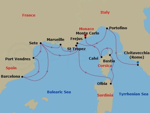 14 Night - French Yacht Harbors, Southern France & Corsica - Seabourn Ovation - Starting in Civitavecchia (Rome), Italy, Portofino, Italy, Frejus, France, La Joliette (Marseille), France, Sete, France, Port-Vendres, France, Barcelona, Spain, Sete, France, St Tropez, France, Olbia, Sardinia, Italy, Bastia, Corsica, France, Calvi, Corsica, France, Monte Carlo, Monaco itinerary map
