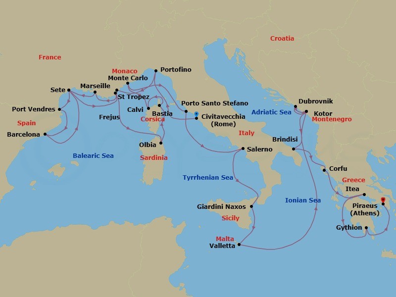 28 Night - Hidden Harbors of France, Spain, Italy & Greece - Seabourn Ovation - Starting in Civitavecchia (Rome), Italy, Portofino, Italy, Frejus, France, La Joliette (Marseille), France, Sete, France, Port-Vendres, France, Barcelona, Spain, Sete, France, St Tropez, France, Olbia, Sardinia, Italy, Bastia, Corsica, France, Calvi, Corsica, France, Monte Carlo, Monaco, Porto Santo Stefano, Italy, Salerno, Italy, Giardini Naxos (Taormina), Italy, Valletta, Malta, Kotor, Montenegro, Dubrovnik, Croatia, Kotor, Montenegro, Brindisi (Lecce), Italy, Corfu, Greece, Itea (Delphi), Greece, Gythion (Sparta), Greece, Piraeus (Athens), Greece itinerary map