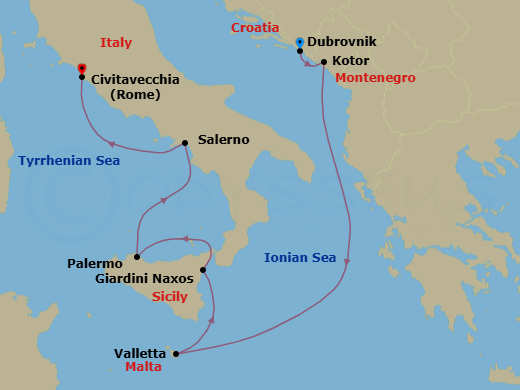7 Night - Exploring Montenegro, Malta & Sicily - Seabourn Ovation - Starting in Dubrovnik, Croatia, Kotor, Montenegro, Valletta, Malta, Giardini Naxos (Taormina), Italy, Palermo, Sicily, Italy, Salerno, Italy, Civitavecchia (Rome), Italy itinerary map