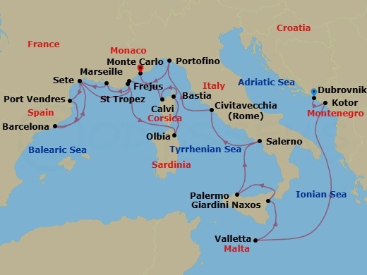 21 Night - Exploring Malta, Sicily, France, Sardinia & Corsica - Seabourn Ovation - Starting in Dubrovnik, Croatia, Kotor, Montenegro, Valletta, Malta, Giardini Naxos (Taormina), Italy, Palermo, Sicily, Italy, Salerno, Italy, Civitavecchia (Rome), Italy, Portofino, Italy, Frejus, France, La Joliette (Marseille), France, Sete, France, Port-Vendres, France, Barcelona, Spain, Sete, France, St Tropez, France, Olbia, Sardinia, Italy, Bastia, Corsica, France, Calvi, Corsica, France, Monte Carlo, Monaco itinerary map