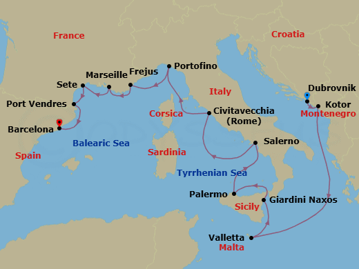 14 Night - Exploring Malta, Sicily & French Yacht Harbors - Seabourn Ovation - Starting in Dubrovnik, Croatia, Kotor, Montenegro, Valletta, Malta, Giardini Naxos (Taormina), Italy, Palermo, Sicily, Italy, Salerno, Italy, Civitavecchia (Rome), Italy, Portofino, Italy, Frejus, France, La Joliette (Marseille), France, Sete, France, Port-Vendres, France, Barcelona, Spain itinerary map