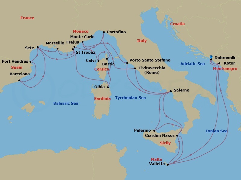 28 Night - French Yacht Harbors, Pompeii, Sicily & Montenegro - Seabourn Ovation - Starting in Dubrovnik, Croatia, Kotor, Montenegro, Valletta, Malta, Giardini Naxos (Taormina), Italy, Palermo, Sicily, Italy, Salerno, Italy, Civitavecchia (Rome), Italy, Portofino, Italy, Frejus, France, La Joliette (Marseille), France, Sete, France, Port-Vendres, France, Barcelona, Spain, Sete, France, St Tropez, France, Olbia, Sardinia, Italy, Bastia, Corsica, France, Calvi, Corsica, France, Monte Carlo, Monaco, Porto Santo Stefano, Italy, Salerno, Italy, Giardini Naxos (Taormina), Italy, Valletta, Malta, Kotor, Montenegro, Dubrovnik, Croatia itinerary map