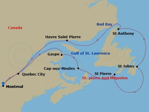13 Night - Gulf of St. Lawrence & Newfoundland Nights - Seabourn Quest - Starting in Montreal, Quebec, Canada, Saint Lawrence River Cruising, Havre-Saint-Pierre, Quebec, Canada, Red Bay, Labrador, Canada, St Anthony, Newfoundland, Canada, St Johns NF, Newfoundland, Saint Pierre and Miquelon, Cap-aux-Meules, Iles de la Madeleine, Quebec, Canada, Gaspe, Quebec, Canada, Quebec City, Quebec, Canada, Montreal, Quebec, Canada itinerary map