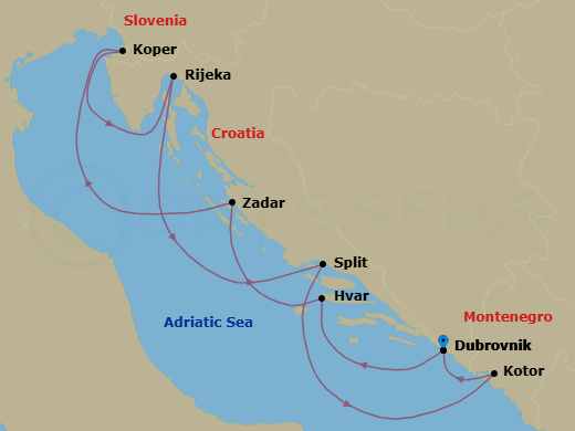 7 Night - Yacht Harbors of the Dalmatian Coast - Seabourn Ovation - Starting in Dubrovnik, Croatia, Hvar, Croatia, Zadar, Croatia, Koper, Slovenia, Rijeka, Croatia, Split, Croatia, Kotor, Montenegro, Dubrovnik, Croatia itinerary map