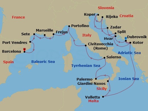 21 Night - Exploring the Dalmatian Coast & Southern France - Seabourn Ovation - Starting in Dubrovnik, Croatia, Hvar, Croatia, Zadar, Croatia, Koper, Slovenia, Rijeka, Croatia, Split, Croatia, Kotor, Montenegro, Dubrovnik, Croatia, Kotor, Montenegro, Valletta, Malta, Giardini Naxos (Taormina), Italy, Palermo, Sicily, Italy, Salerno, Italy, Civitavecchia (Rome), Italy, Portofino, Italy, Frejus, France, La Joliette (Marseille), France, Sete, France, Port-Vendres, France, Barcelona, Spain itinerary map