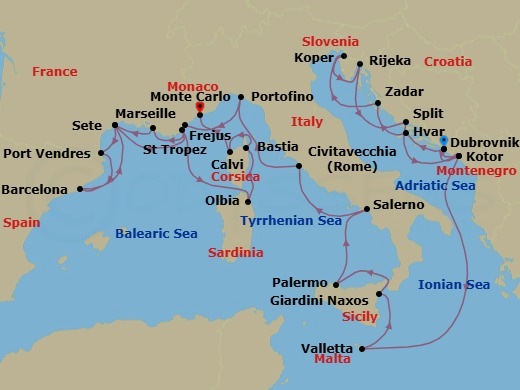 28 Night - Exploring the Dalmatian Coast, Cote D'azur & Corsica - Seabourn Ovation - Starting in Dubrovnik, Croatia, Hvar, Croatia, Zadar, Croatia, Koper, Slovenia, Rijeka, Croatia, Split, Croatia, Kotor, Montenegro, Dubrovnik, Croatia, Kotor, Montenegro, Valletta, Malta, Giardini Naxos (Taormina), Italy, Palermo, Sicily, Italy, Salerno, Italy, Civitavecchia (Rome), Italy, Portofino, Italy, Frejus, France, La Joliette (Marseille), France, Sete, France, Port-Vendres, France, Barcelona, Spain, Sete, France, St Tropez, France, Olbia, Sardinia, Italy, Bastia, Corsica, France, Calvi, Corsica, France, Monte Carlo, Monaco itinerary map