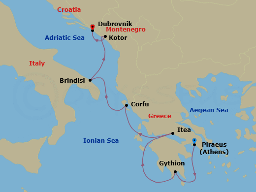 7 Night - Hidden Gems of Montenegro, Italy & Greece - Seabourn Ovation - Starting in Piraeus (Athens), Greece, Gythion (Sparta), Greece, Itea (Delphi), Greece, Corfu, Greece, Brindisi (Lecce), Italy, Kotor, Montenegro, Dubrovnik, Croatia itinerary map