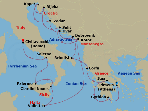 21 Night - Exploring Montenegro, Italy, Greece, Malta & Sicily - Seabourn Ovation - Starting in Piraeus (Athens), Greece, Gythion (Sparta), Greece, Itea (Delphi), Greece, Corfu, Greece, Brindisi (Lecce), Italy, Kotor, Montenegro, Dubrovnik, Croatia, Hvar, Croatia, Zadar, Croatia, Koper, Slovenia, Rijeka, Croatia, Split, Croatia, Kotor, Montenegro, Dubrovnik, Croatia, Kotor, Montenegro, Valletta, Malta, Giardini Naxos (Taormina), Italy, Palermo, Sicily, Italy, Salerno, Italy, Civitavecchia (Rome), Italy itinerary map