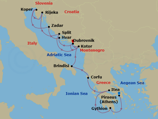 14 Night - Montenegro, Italy, Greece & the Dalmatian Coast - Seabourn Ovation - Starting in Piraeus (Athens), Greece, Gythion (Sparta), Greece, Itea (Delphi), Greece, Corfu, Greece, Brindisi (Lecce), Italy, Kotor, Montenegro, Dubrovnik, Croatia, Hvar, Croatia, Zadar, Croatia, Koper, Slovenia, Rijeka, Croatia, Split, Croatia, Kotor, Montenegro, Dubrovnik, Croatia itinerary map