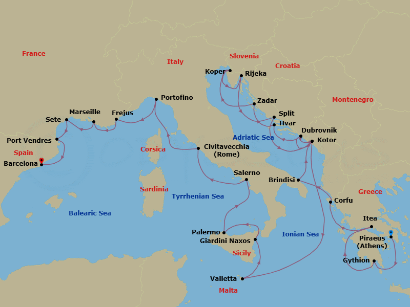 28 Night - Hidden Gems of Italy, Greece & French Yacht Harbors - Seabourn Ovation - Starting in Piraeus (Athens), Greece, Gythion (Sparta), Greece, Itea (Delphi), Greece, Corfu, Greece, Brindisi (Lecce), Italy, Kotor, Montenegro, Dubrovnik, Croatia, Hvar, Croatia, Zadar, Croatia, Koper, Slovenia, Rijeka, Croatia, Split, Croatia, Kotor, Montenegro, Dubrovnik, Croatia, Kotor, Montenegro, Valletta, Malta, Giardini Naxos (Taormina), Italy, Palermo, Sicily, Italy, Salerno, Italy, Civitavecchia (Rome), Italy, Portofino, Italy, Frejus, France, La Joliette (Marseille), France, Sete, France, Port-Vendres, France, Barcelona, Spain itinerary map