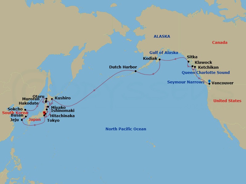34 Night - Glacier Bay, Pacific Crossing, Hokkaido & Korea - Seabourn Encore - Starting in Vancouver, BC, CA, Transit the Seymour Narrows, Cruising the Queen Charlotte Sound, Ketchikan, Alaska, Klawock, Alaska, Sitka, Alaska, Glacier Bay, Kodiak, Alaska, Dutch Harbor, Alaska, Cross International Dateline, Kushiro, Japan, Miyako, Japan, Ishinomaki, Japan, Hitachinaka, Japan, Tokyo, Japan, Miyako, Japan, Muroran, Japan, Hakodate, Japan, Otaru, Japan, Sokcho, South Korea, Busan (Pusan), South Korea, Jeju (Cheju) City, South Korea itinerary map