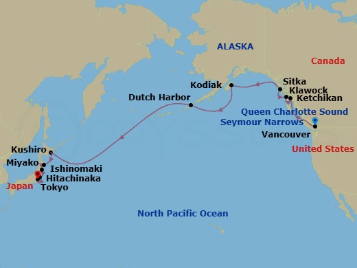 20 Night - Glacier Bay, Inside Passage & Pacific Crossing - Seabourn Encore - Starting in Vancouver, BC, CA, Transit the Seymour Narrows, Cruising the Queen Charlotte Sound, Ketchikan, Alaska, Klawock, Alaska, Sitka, Alaska, Glacier Bay, Kodiak, Alaska, Dutch Harbor, Alaska, Cross International Dateline, Kushiro, Japan, Miyako, Japan, Ishinomaki, Japan, Hitachinaka, Japan itinerary map