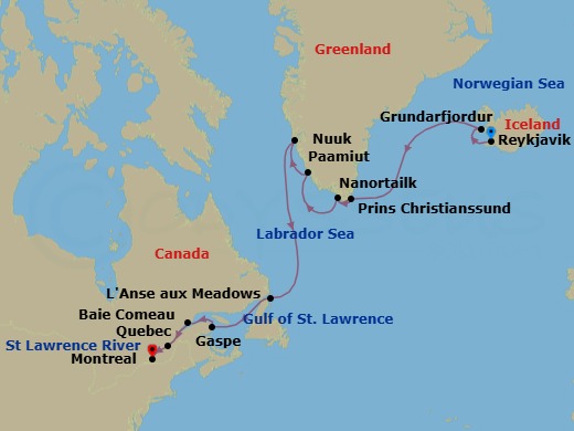 14 Night - Iceland, Greenland & Canada Fall Foliage - Seabourn Quest - Starting in Reykjavik, Iceland, Grundarfjordur, Iceland, Cruising Prins Christian Sund, Nanortalik, Greenland, Paamiut (Frederikshab), Greenland, Nuuk (Godthab), Greenland, L Anse aux Meadows, Newfoundland, Canada, Gaspe, Quebec, Canada, Baie-Comeau, Quebec, Canada, Quebec City, Quebec, Canada, Montreal, Quebec, Canada itinerary map