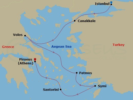 7 Night - Yacht Harbors of the Aegean Sea - Seabourn Ovation - Starting in Istanbul, Turkey, Canakkale, Turkey, Volos, Greece, Patmos, Greece, Symi, Greece, Santorini, Greece, Piraeus (Athens), Greece itinerary map