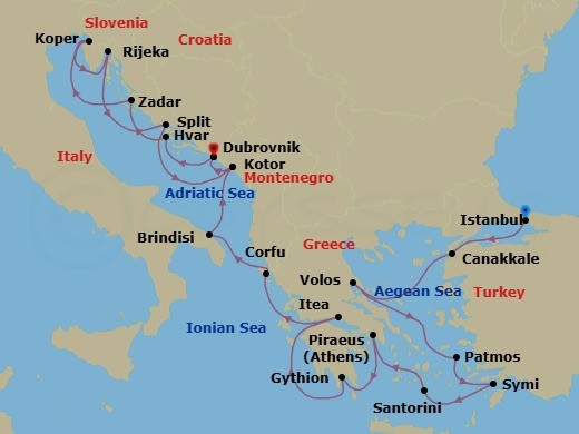 21 Night - Yacht Harbors of Greece & Croatian Gems - Seabourn Ovation - Starting in Istanbul, Turkey, Canakkale, Turkey, Volos, Greece, Patmos, Greece, Symi, Greece, Santorini, Greece, Piraeus (Athens), Greece, Gythion (Sparta), Greece, Itea (Delphi), Greece, Corfu, Greece, Brindisi (Lecce), Italy, Kotor, Montenegro, Dubrovnik, Croatia, Hvar, Croatia, Zadar, Croatia, Koper, Slovenia, Rijeka, Croatia, Split, Croatia, Kotor, Montenegro, Dubrovnik, Croatia itinerary map