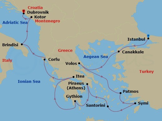 14 Night - Hidden Gems of Greece, Montenegro & Italy - Seabourn Ovation - Starting in Istanbul, Turkey, Canakkale, Turkey, Volos, Greece, Patmos, Greece, Symi, Greece, Santorini, Greece, Piraeus (Athens), Greece, Gythion (Sparta), Greece, Itea (Delphi), Greece, Corfu, Greece, Brindisi (Lecce), Italy, Kotor, Montenegro, Dubrovnik, Croatia itinerary map