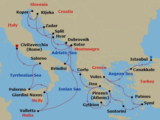 28 Night - Yacht Harbor Exploration : from the Aegean to Italy - Seabourn Ovation - Starting in Istanbul, Turkey, Canakkale, Turkey, Volos, Greece, Patmos, Greece, Symi, Greece, Santorini, Greece, Piraeus (Athens), Greece, Gythion (Sparta), Greece, Itea (Delphi), Greece, Corfu, Greece, Brindisi (Lecce), Italy, Kotor, Montenegro, Dubrovnik, Croatia, Hvar, Croatia, Zadar, Croatia, Koper, Slovenia, Rijeka, Croatia, Split, Croatia, Kotor, Montenegro, Dubrovnik, Croatia, Kotor, Montenegro, Valletta, Malta, Giardini Naxos (Taormina), Italy, Palermo, Sicily, Italy, Salerno, Italy, Civitavecchia (Rome), Italy itinerary map