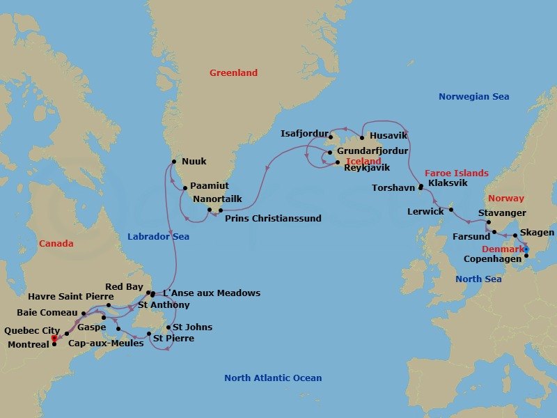 37 Night - North Atlantic Icons : Iceland, Greenland & Canada - Seabourn Quest - Starting in Copenhagen, Denmark, Skagen, Denmark, Farsund, Norway, Stavanger, Norway, Lerwick, Shetland Islands, United Kingdom, Torshavn, Faroe Islands, Klaksvik, Faroe Islands, Husavik, Iceland, Isafjordur, Iceland, Reykjavik, Iceland, Grundarfjordur, Iceland, Cruising Prins Christian Sund, Nanortalik, Greenland, Paamiut (Frederikshab), Greenland, Nuuk (Godthab), Greenland, L Anse aux Meadows, Newfoundland, Canada, Gaspe, Quebec, Canada, Baie-Comeau, Quebec, Canada, Quebec City, Quebec, Canada, Montreal, Quebec, Canada, Saint Lawrence River Cruising, Havre-Saint-Pierre, Quebec, Canada, Red Bay, Labrador, Canada, St Anthony, Newfoundland, Canada, St Johns NF, Newfoundland, Saint Pierre and Miquelon, Cap-aux-Meules, Iles de la Madeleine, Quebec, Canada, Gaspe, Quebec, Canada, Quebec City, Quebec, Canada, Montreal, Quebec, Canada itinerary map