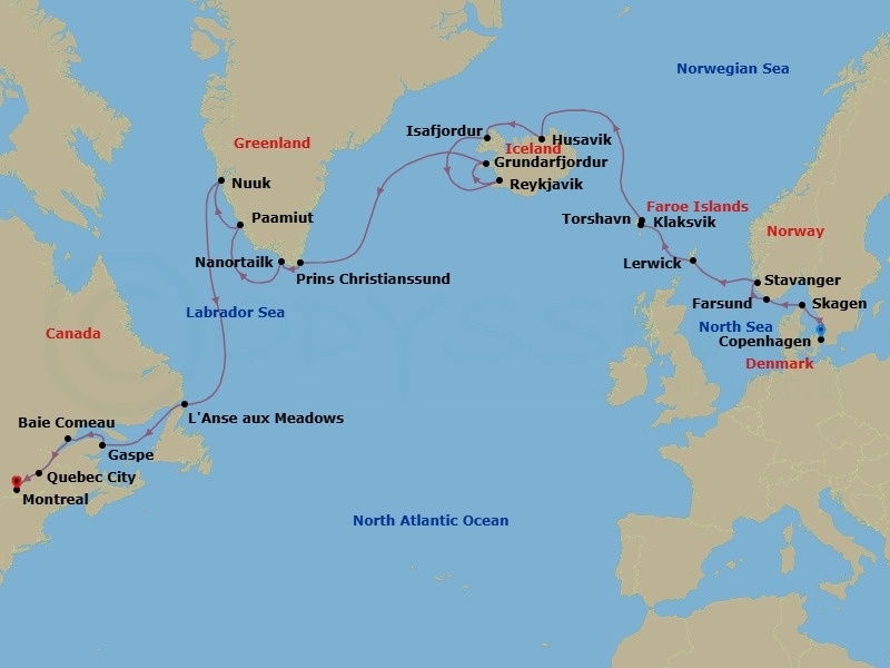 24 Night - Across the North Atlantic : Iceland to Quebec - Seabourn Quest - Starting in Copenhagen, Denmark, Skagen, Denmark, Farsund, Norway, Stavanger, Norway, Lerwick, Shetland Islands, United Kingdom, Torshavn, Faroe Islands, Klaksvik, Faroe Islands, Husavik, Iceland, Isafjordur, Iceland, Reykjavik, Iceland, Grundarfjordur, Iceland, Cruising Prins Christian Sund, Nanortalik, Greenland, Paamiut (Frederikshab), Greenland, Nuuk (Godthab), Greenland, L Anse aux Meadows, Newfoundland, Canada, Gaspe, Quebec, Canada, Baie-Comeau, Quebec, Canada, Quebec City, Quebec, Canada, Montreal, Quebec, Canada itinerary map