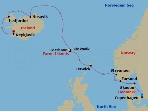 10 Night - Norway, Shetland Islands, Faroe Islands & Iceland - Seabourn Quest - Starting in Copenhagen, Denmark, Skagen, Denmark, Farsund, Norway, Stavanger, Norway, Lerwick, Shetland Islands, United Kingdom, Torshavn, Faroe Islands, Klaksvik, Faroe Islands, Husavik, Iceland, Isafjordur, Iceland, Reykjavik, Iceland itinerary map