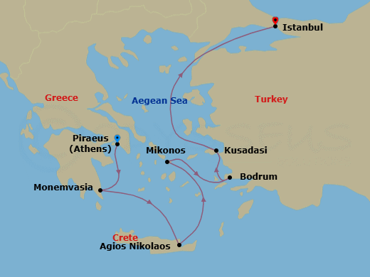 7 Night - Crete, Mykonos & Evening at Ephesus - Seabourn Ovation - Starting in Piraeus (Athens), Greece, Monemvasia, Greece, Agios Nikolaos, Crete, Greece, Mykonos, Greece, Bodrum, Turkey, Kusadasi (Ephesus), Turkey, Istanbul, Turkey itinerary map