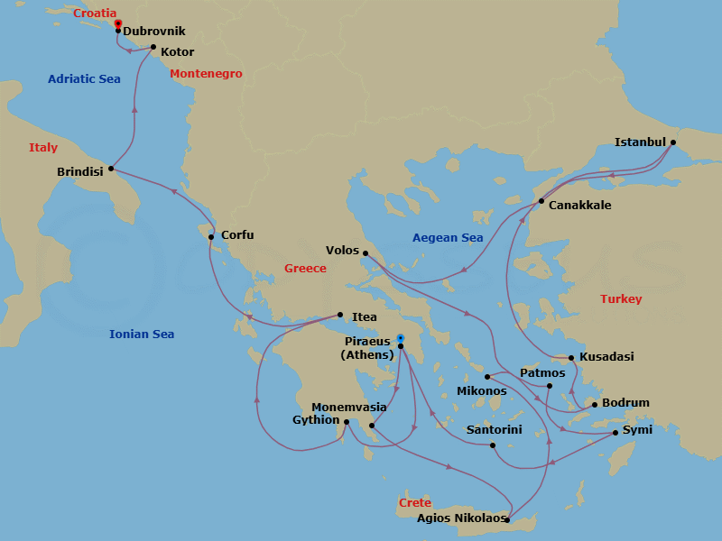 21 Night - Aegean Harbors, Evening at Ephesus, Italy & Greece - Seabourn Ovation - Starting in Piraeus (Athens), Greece, Monemvasia, Greece, Agios Nikolaos, Crete, Greece, Mykonos, Greece, Bodrum, Turkey, Kusadasi (Ephesus), Turkey, Istanbul, Turkey, Canakkale, Turkey, Volos, Greece, Patmos, Greece, Symi, Greece, Santorini, Greece, Piraeus (Athens), Greece, Gythion (Sparta), Greece, Itea (Delphi), Greece, Corfu, Greece, Brindisi (Lecce), Italy, Kotor, Montenegro, Dubrovnik, Croatia itinerary map