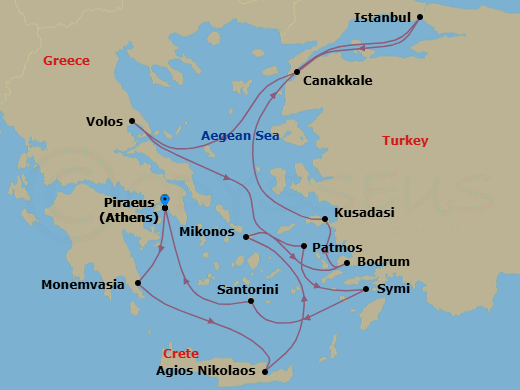14 Night - Crete, Evening at Ephesus & Aegean Yacht Harbors - Seabourn Ovation - Starting in Piraeus (Athens), Greece, Monemvasia, Greece, Agios Nikolaos, Crete, Greece, Mykonos, Greece, Bodrum, Turkey, Kusadasi (Ephesus), Turkey, Istanbul, Turkey, Canakkale, Turkey, Volos, Greece, Patmos, Greece, Symi, Greece, Santorini, Greece, Piraeus (Athens), Greece itinerary map