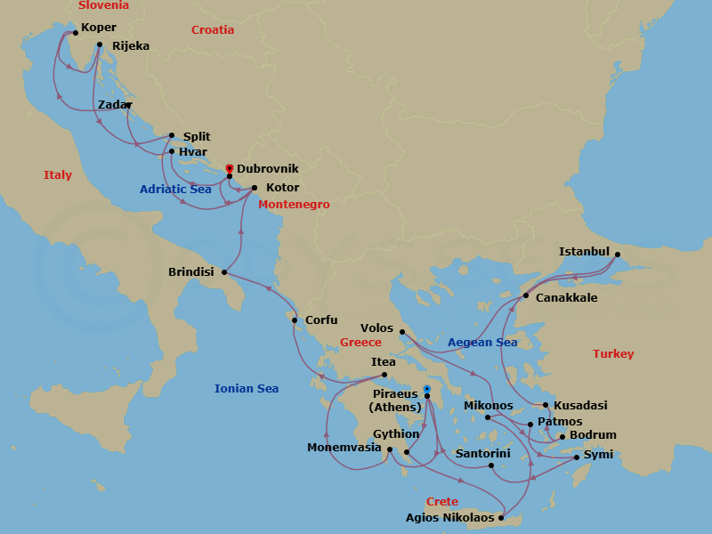 28 Night - Yacht Harbors of the Greek Isles & Dalmatian Coast - Seabourn Ovation - Starting in Piraeus (Athens), Greece, Monemvasia, Greece, Agios Nikolaos, Crete, Greece, Mykonos, Greece, Bodrum, Turkey, Kusadasi (Ephesus), Turkey, Istanbul, Turkey, Canakkale, Turkey, Volos, Greece, Patmos, Greece, Symi, Greece, Santorini, Greece, Piraeus (Athens), Greece, Gythion (Sparta), Greece, Itea (Delphi), Greece, Corfu, Greece, Brindisi (Lecce), Italy, Kotor, Montenegro, Dubrovnik, Croatia, Hvar, Croatia, Zadar, Croatia, Koper, Slovenia, Rijeka, Croatia, Split, Croatia, Kotor, Montenegro, Dubrovnik, Croatia itinerary map