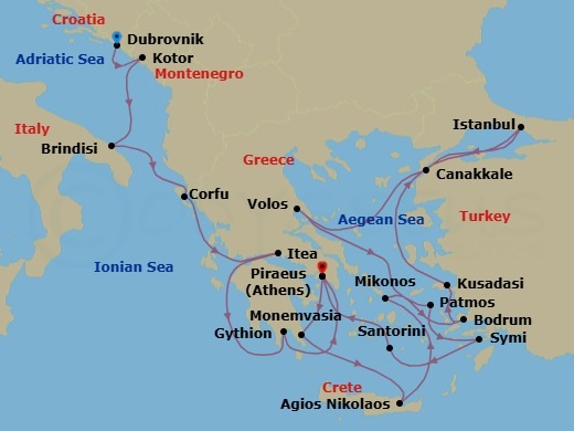 21 Night - Montenegro, Italy, Greece & Evening at Ephesus - Seabourn Ovation - Starting in Dubrovnik, Croatia, Kotor, Montenegro, Brindisi (Lecce), Italy, Corfu, Greece, Itea (Delphi), Greece, Gythion (Sparta), Greece, Piraeus (Athens), Greece, Monemvasia, Greece, Agios Nikolaos, Crete, Greece, Mykonos, Greece, Bodrum, Turkey, Kusadasi (Ephesus), Turkey, Istanbul, Turkey, Canakkale, Turkey, Volos, Greece, Patmos, Greece, Symi, Greece, Santorini, Greece, Piraeus (Athens), Greece itinerary map