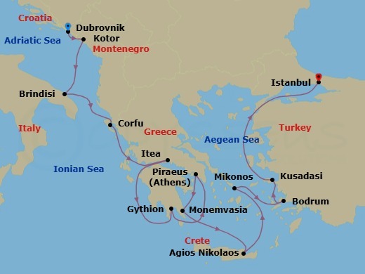 14 Night - Montenegro, Italy, Greek Isles & Evening at Ephesus - Seabourn Ovation - Starting in Dubrovnik, Croatia, Kotor, Montenegro, Brindisi (Lecce), Italy, Corfu, Greece, Itea (Delphi), Greece, Gythion (Sparta), Greece, Piraeus (Athens), Greece, Monemvasia, Greece, Agios Nikolaos, Crete, Greece, Mykonos, Greece, Bodrum, Turkey, Kusadasi (Ephesus), Turkey, Istanbul, Turkey itinerary map