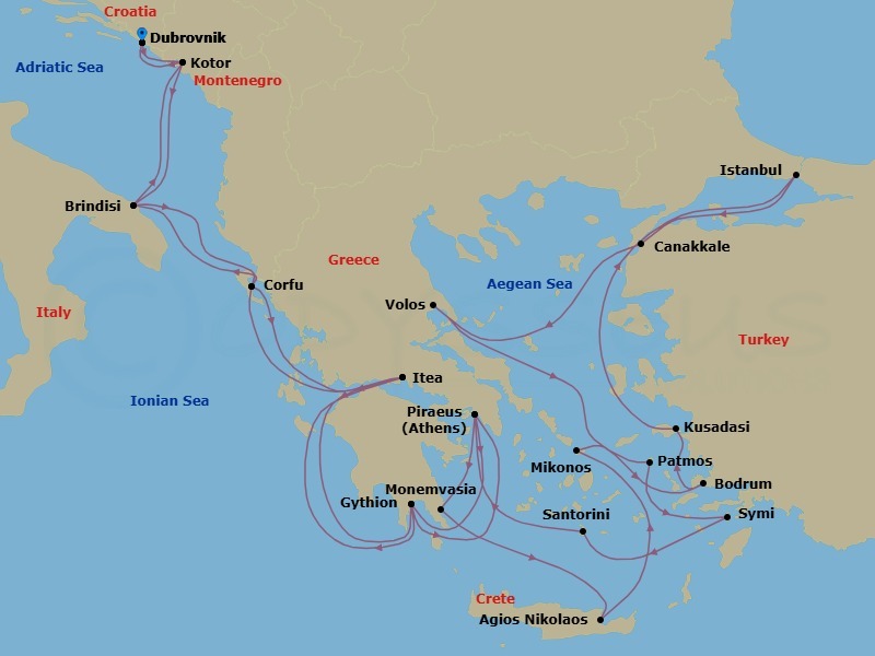 28 Night - In-Depth Exploration of Montenegro, Italy & Greece - Seabourn Ovation - Starting in Dubrovnik, Croatia, Kotor, Montenegro, Brindisi (Lecce), Italy, Corfu, Greece, Itea (Delphi), Greece, Gythion (Sparta), Greece, Piraeus (Athens), Greece, Monemvasia, Greece, Agios Nikolaos, Crete, Greece, Mykonos, Greece, Bodrum, Turkey, Kusadasi (Ephesus), Turkey, Istanbul, Turkey, Canakkale, Turkey, Volos, Greece, Patmos, Greece, Symi, Greece, Santorini, Greece, Piraeus (Athens), Greece, Gythion (Sparta), Greece, Itea (Delphi), Greece, Corfu, Greece, Brindisi (Lecce), Italy, Kotor, Montenegro, Dubrovnik, Croatia itinerary map