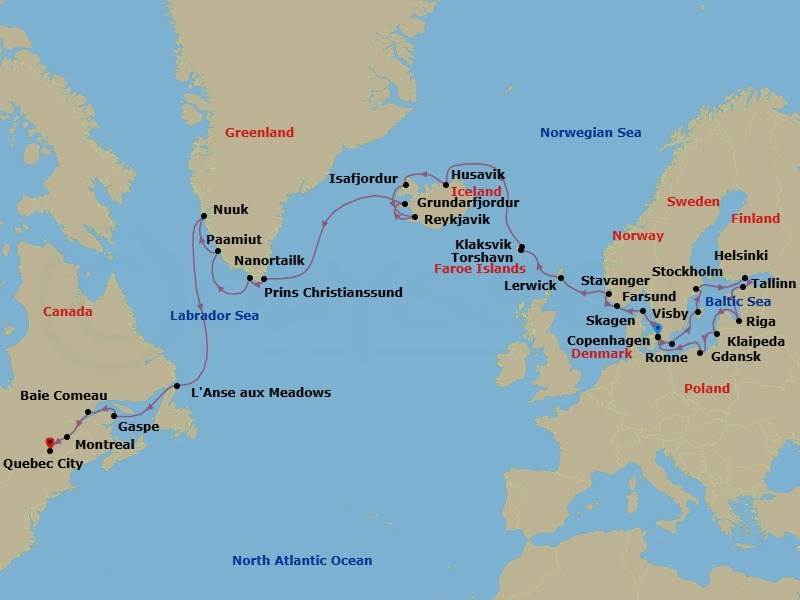 36 Night - Northern Europe, Iceland, Greenland & Canada - Seabourn Quest - Starting in Copenhagen, Denmark, Ronne (Bornholm), Denmark, Visby, Gotland, Sweden, Stockholm, Sweden, Helsinki, Finland, Tallinn, Estonia, Riga, Latvia, Klaipeda, Lithuania, Gdansk, Poland, Copenhagen, Denmark, Skagen, Denmark, Farsund, Norway, Stavanger, Norway, Lerwick, Shetland Islands, United Kingdom, Torshavn, Faroe Islands, Klaksvik, Faroe Islands, Husavik, Iceland, Isafjordur, Iceland, Reykjavik, Iceland, Grundarfjordur, Iceland, Cruising Prins Christian Sund, Nanortalik, Greenland, Paamiut (Frederikshab), Greenland, Nuuk (Godthab), Greenland, L Anse aux Meadows, Newfoundland, Canada, Gaspe, Quebec, Canada, Baie-Comeau, Quebec, Canada, Quebec City, Quebec, Canada, Montreal, Quebec, Canada itinerary map