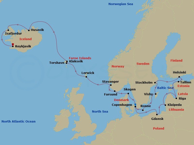 22 Night - Scandinavia, Baltic Hidden Gems, & Norwegian Fjords - Seabourn Quest - Starting in Copenhagen, Denmark, Ronne (Bornholm), Denmark, Visby, Gotland, Sweden, Stockholm, Sweden, Helsinki, Finland, Tallinn, Estonia, Riga, Latvia, Klaipeda, Lithuania, Gdansk, Poland, Copenhagen, Denmark, Skagen, Denmark, Farsund, Norway, Stavanger, Norway, Lerwick, Shetland Islands, United Kingdom, Torshavn, Faroe Islands, Klaksvik, Faroe Islands, Husavik, Iceland, Isafjordur, Iceland, Reykjavik, Iceland itinerary map