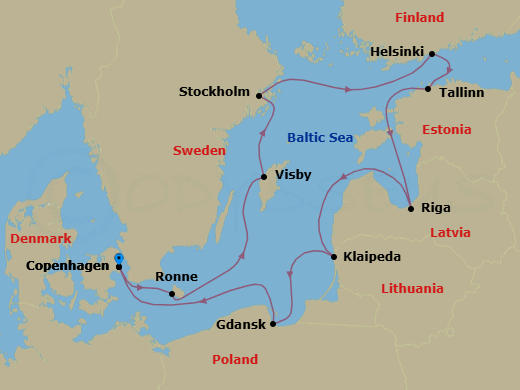 12 Night - Scandinavia Spring & Baltic Explorer - Seabourn Quest - Starting in Copenhagen, Denmark, Ronne (Bornholm), Denmark, Visby, Gotland, Sweden, Stockholm, Sweden, Helsinki, Finland, Tallinn, Estonia, Riga, Latvia, Klaipeda, Lithuania, Gdansk, Poland, Copenhagen, Denmark itinerary map