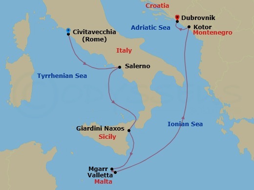 7 Night - Exploring Italy, Malta & Montenegro - Seabourn Ovation - Starting in Civitavecchia (Rome), Italy, Salerno, Italy, Giardini Naxos (Taormina), Italy, Mgarr (Victoria MT), Gozo, Malta, Valletta, Malta, Kotor, Montenegro, Dubrovnik, Croatia itinerary map