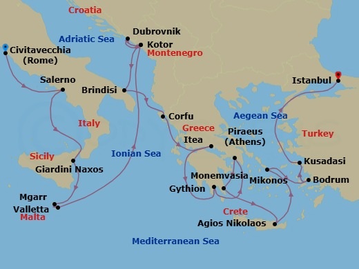 21 Night - Exploring Italy, Malta, Greece & Evening at Ephesus - Seabourn Ovation - Starting in Civitavecchia (Rome), Italy, Salerno, Italy, Giardini Naxos (Taormina), Italy, Mgarr (Victoria MT), Gozo, Malta, Valletta, Malta, Kotor, Montenegro, Dubrovnik, Croatia, Kotor, Montenegro, Brindisi (Lecce), Italy, Corfu, Greece, Itea (Delphi), Greece, Gythion (Sparta), Greece, Piraeus (Athens), Greece, Monemvasia, Greece, Agios Nikolaos, Crete, Greece, Mykonos, Greece, Bodrum, Turkey, Kusadasi (Ephesus), Turkey, Istanbul, Turkey itinerary map