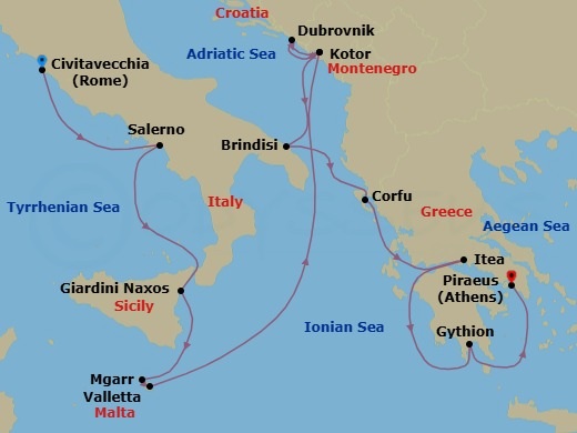 14 Night - Exploring Italy, Malta, Montenegro & Greece - Seabourn Ovation - Starting in Civitavecchia (Rome), Italy, Salerno, Italy, Giardini Naxos (Taormina), Italy, Mgarr (Victoria MT), Gozo, Malta, Valletta, Malta, Kotor, Montenegro, Dubrovnik, Croatia, Kotor, Montenegro, Brindisi (Lecce), Italy, Corfu, Greece, Itea (Delphi), Greece, Gythion (Sparta), Greece, Piraeus (Athens), Greece itinerary map
