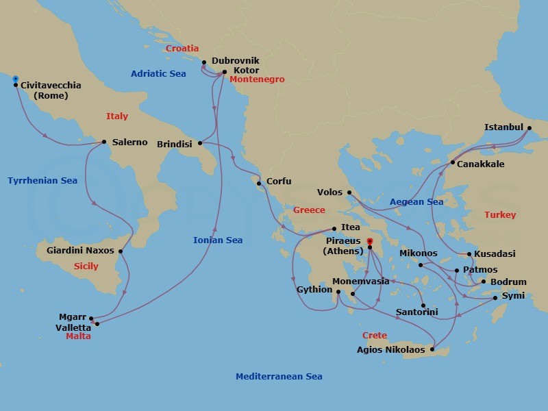 28 Night - Evening at Ephesus & Aegean Yacht Harbors - Seabourn Ovation - Starting in Civitavecchia (Rome), Italy, Salerno, Italy, Giardini Naxos (Taormina), Italy, Mgarr (Victoria MT), Gozo, Malta, Valletta, Malta, Kotor, Montenegro, Dubrovnik, Croatia, Kotor, Montenegro, Brindisi (Lecce), Italy, Corfu, Greece, Itea (Delphi), Greece, Gythion (Sparta), Greece, Piraeus (Athens), Greece, Monemvasia, Greece, Agios Nikolaos, Crete, Greece, Mykonos, Greece, Bodrum, Turkey, Kusadasi (Ephesus), Turkey, Istanbul, Turkey, Canakkale, Turkey, Volos, Greece, Patmos, Greece, Symi, Greece, Santorini, Greece, Piraeus (Athens), Greece itinerary map