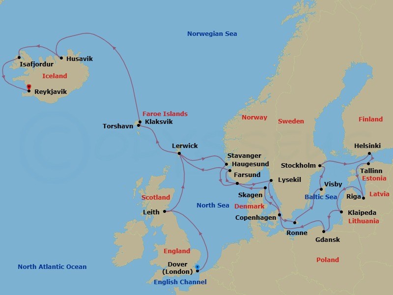 30 Night - Scotland, Baltic Hidden Gems & Iceland - Seabourn Quest - Starting in Dover UK (London), England, Leith (Edinburgh), Scotland, United Kingdom, Lerwick, Shetland Islands, United Kingdom, Haugesund, Norway, Farsund, Norway, Lysekil, Sweden, Copenhagen, Denmark, Ronne (Bornholm), Denmark, Visby, Gotland, Sweden, Stockholm, Sweden, Helsinki, Finland, Tallinn, Estonia, Riga, Latvia, Klaipeda, Lithuania, Gdansk, Poland, Copenhagen, Denmark, Skagen, Denmark, Farsund, Norway, Stavanger, Norway, Lerwick, Shetland Islands, United Kingdom, Torshavn, Faroe Islands, Klaksvik, Faroe Islands, Husavik, Iceland, Isafjordur, Iceland, Reykjavik, Iceland itinerary map