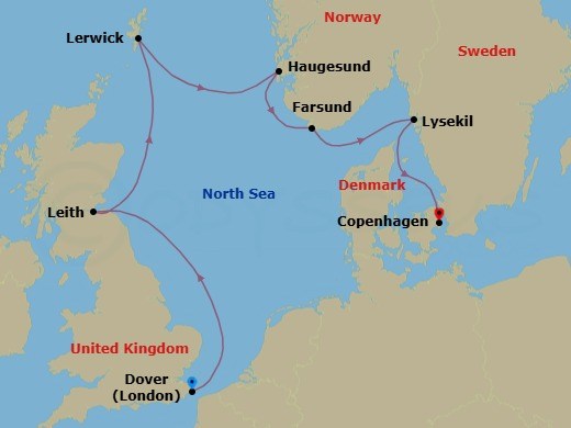 8 Night - North Sea Legends - Seabourn Quest - Starting in Dover UK (London), England, Leith (Edinburgh), Scotland, United Kingdom, Lerwick, Shetland Islands, United Kingdom, Haugesund, Norway, Farsund, Norway, Lysekil, Sweden, Copenhagen, Denmark itinerary map