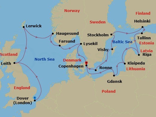 20 Night - Scotland, Scandinavia & Baltic Explorer - Seabourn Quest - Starting in Dover UK (London), England, Leith (Edinburgh), Scotland, United Kingdom, Lerwick, Shetland Islands, United Kingdom, Haugesund, Norway, Farsund, Norway, Lysekil, Sweden, Copenhagen, Denmark, Ronne (Bornholm), Denmark, Visby, Gotland, Sweden, Stockholm, Sweden, Helsinki, Finland, Tallinn, Estonia, Riga, Latvia, Klaipeda, Lithuania, Gdansk, Poland, Copenhagen, Denmark itinerary map