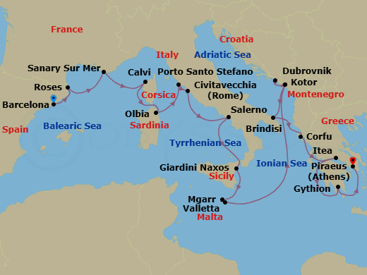 21 Night - French Yacht Harbors, Montenegro, Italy & Greece - Seabourn Ovation - Starting in Barcelona, Spain, Rosas (Roses), Spain, Sanary-sur-Mer, France, Calvi, Corsica, France, Olbia, Sardinia, Italy, Porto Santo Stefano, Italy, Civitavecchia (Rome), Italy, Salerno, Italy, Giardini Naxos (Taormina), Italy, Mgarr (Victoria MT), Gozo, Malta, Valletta, Malta, Kotor, Montenegro, Dubrovnik, Croatia, Kotor, Montenegro, Brindisi (Lecce), Italy, Corfu, Greece, Itea (Delphi), Greece, Gythion (Sparta), Greece, Piraeus (Athens), Greece itinerary map