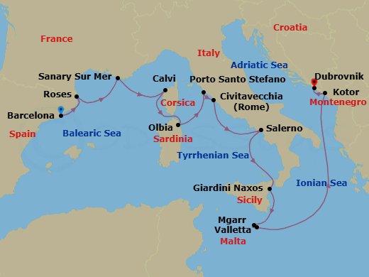 14 Night - Exploring French Yacht Harbors & Mediterranean Isles - Seabourn Ovation - Starting in Barcelona, Spain, Rosas (Roses), Spain, Sanary-sur-Mer, France, Calvi, Corsica, France, Olbia, Sardinia, Italy, Porto Santo Stefano, Italy, Civitavecchia (Rome), Italy, Salerno, Italy, Giardini Naxos (Taormina), Italy, Mgarr (Victoria MT), Gozo, Malta, Valletta, Malta, Kotor, Montenegro, Dubrovnik, Croatia itinerary map