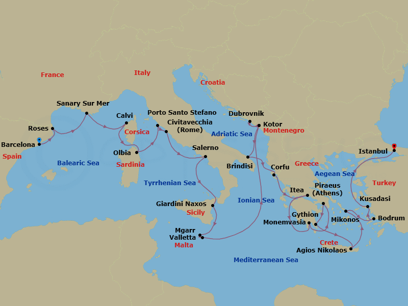 28 Night - Exploring Spain, Greek Isles & Evening at Ephesus - Seabourn Ovation - Starting in Barcelona, Spain, Rosas (Roses), Spain, Sanary-sur-Mer, France, Calvi, Corsica, France, Olbia, Sardinia, Italy, Porto Santo Stefano, Italy, Civitavecchia (Rome), Italy, Salerno, Italy, Giardini Naxos (Taormina), Italy, Mgarr (Victoria MT), Gozo, Malta, Valletta, Malta, Kotor, Montenegro, Dubrovnik, Croatia, Kotor, Montenegro, Brindisi (Lecce), Italy, Corfu, Greece, Itea (Delphi), Greece, Gythion (Sparta), Greece, Piraeus (Athens), Greece, Monemvasia, Greece, Agios Nikolaos, Crete, Greece, Mykonos, Greece, Bodrum, Turkey, Kusadasi (Ephesus), Turkey, Istanbul, Turkey itinerary map