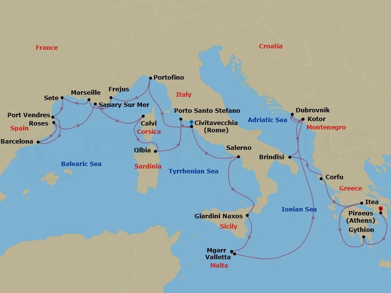 28 Night - Hidden Harbors of France, Spain, Italy & Greece - Seabourn Ovation - Starting in Civitavecchia (Rome), Italy, Portofino, Italy, Frejus, France, La Joliette (Marseille), France, Sete, France, Port-Vendres, France, Barcelona, Spain, Rosas (Roses), Spain, Sanary-sur-Mer, France, Calvi, Corsica, France, Olbia, Sardinia, Italy, Porto Santo Stefano, Italy, Civitavecchia (Rome), Italy, Salerno, Italy, Giardini Naxos (Taormina), Italy, Mgarr (Victoria MT), Gozo, Malta, Valletta, Malta, Kotor, Montenegro, Dubrovnik, Croatia, Kotor, Montenegro, Brindisi (Lecce), Italy, Corfu, Greece, Itea (Delphi), Greece, Gythion (Sparta), Greece, Piraeus (Athens), Greece itinerary map