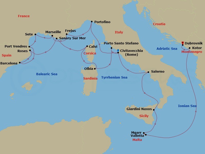 21 Night - French Yacht Harbors, Sardinia & Corsica - Seabourn Ovation - Starting in Civitavecchia (Rome), Italy, Portofino, Italy, Frejus, France, La Joliette (Marseille), France, Sete, France, Port-Vendres, France, Barcelona, Spain, Rosas (Roses), Spain, Sanary-sur-Mer, France, Calvi, Corsica, France, Olbia, Sardinia, Italy, Porto Santo Stefano, Italy, Civitavecchia (Rome), Italy, Salerno, Italy, Giardini Naxos (Taormina), Italy, Mgarr (Victoria MT), Gozo, Malta, Valletta, Malta, Kotor, Montenegro, Dubrovnik, Croatia itinerary map