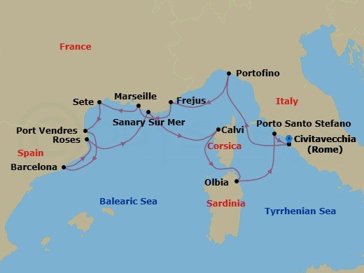 14 Night - French Yacht Harbors, Southern France, Spain & Italy - Seabourn Ovation - Starting in Civitavecchia (Rome), Italy, Portofino, Italy, Frejus, France, La Joliette (Marseille), France, Sete, France, Port-Vendres, France, Barcelona, Spain, Rosas (Roses), Spain, Sanary-sur-Mer, France, Calvi, Corsica, France, Olbia, Sardinia, Italy, Porto Santo Stefano, Italy, Civitavecchia (Rome), Italy itinerary map