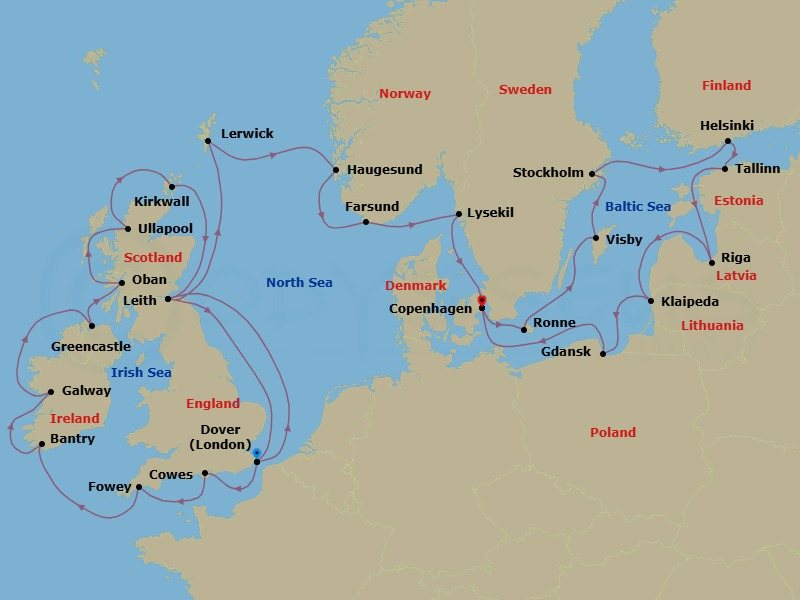 34 Night - Exploring from the British Isles to the Baltic - Seabourn Quest - Starting in Dover UK (London), England, Cowes, Isle of Wight, England, UK, Fowey, Cornwall, United Kingdom, Bantry, Ireland, Galway, Ireland, Greencastle (Londonderry), Ireland, Oban UK, Scotland, Ullapool, Scotland, United Kingdom, Kirkwall, Scotland, United Kingdom, Leith (Edinburgh), Scotland, United Kingdom, Dover UK (London), England, Leith (Edinburgh), Scotland, United Kingdom, Lerwick, Shetland Islands, United Kingdom, Haugesund, Norway, Farsund, Norway, Lysekil, Sweden, Copenhagen, Denmark, Ronne (Bornholm), Denmark, Visby, Gotland, Sweden, Stockholm, Sweden, Helsinki, Finland, Tallinn, Estonia, Riga, Latvia, Klaipeda, Lithuania, Gdansk, Poland, Copenhagen, Denmark itinerary map