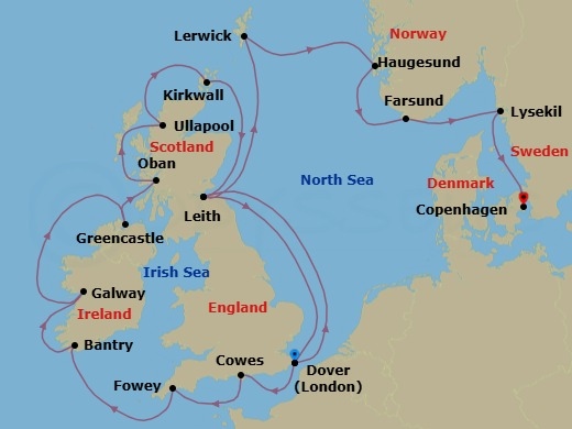 22 Night - British Isles, Norway & Sweden - Seabourn Quest - Starting in Dover UK (London), England, Cowes, Isle of Wight, England, UK, Fowey, Cornwall, United Kingdom, Bantry, Ireland, Galway, Ireland, Greencastle (Londonderry), Ireland, Oban UK, Scotland, Ullapool, Scotland, United Kingdom, Kirkwall, Scotland, United Kingdom, Leith (Edinburgh), Scotland, United Kingdom, Dover UK (London), England, Leith (Edinburgh), Scotland, United Kingdom, Lerwick, Shetland Islands, United Kingdom, Haugesund, Norway, Farsund, Norway, Lysekil, Sweden, Copenhagen, Denmark itinerary map